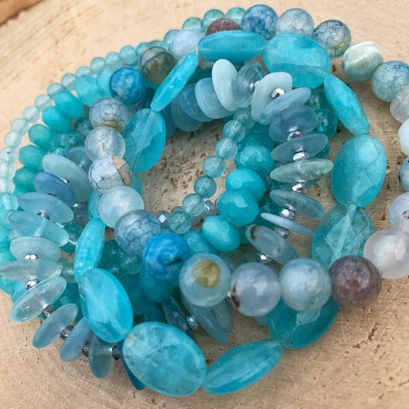 Natural Blue Aquamarine, Azure Amazonite & Agate Gemstone Beads Bracelet Stack - Picture 8 of 12